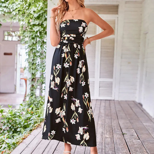 Grace Karin Women's Boho Strapless Sleeveless A-Line Wrap Maxi Dress, Ruched Floral Print Flowy Summer Beach Sundress with Pockets, Plus Size Friendly Casual Fashion Dress, Women's Casual Clothes