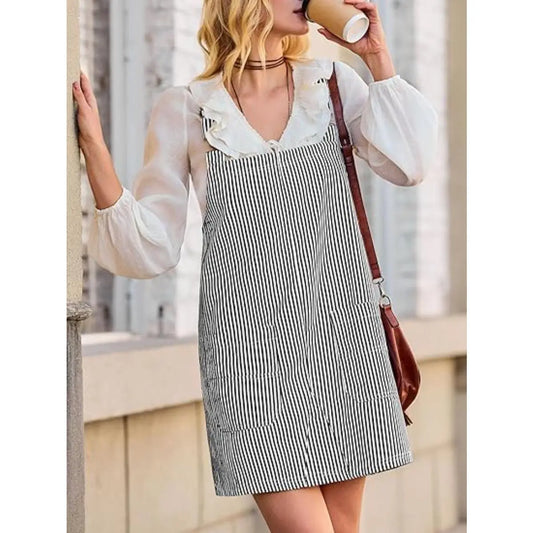Imily Bela Womens Casual Striped Denim Dress Summer Pinafore Overalls Romper Adjustable Straps Jumper Dress with Pockets