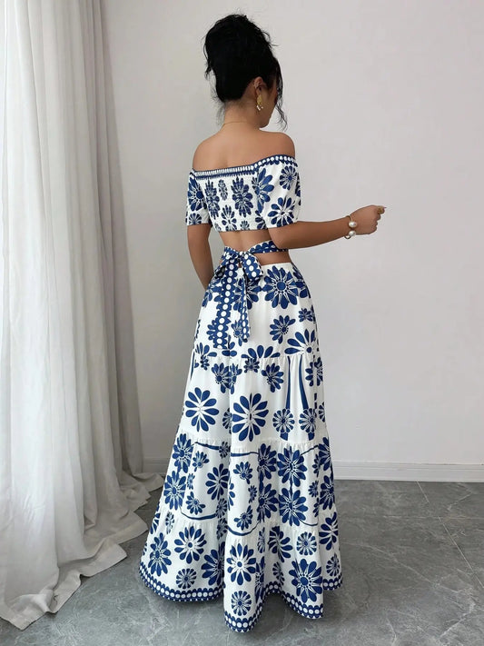 Women's Floral Off-Shoulder Short Sleeve Hollow Out Waist Fashion Chic Bohemian Dress, Tropical Vacation Women's Dress, Long Dress for Summer