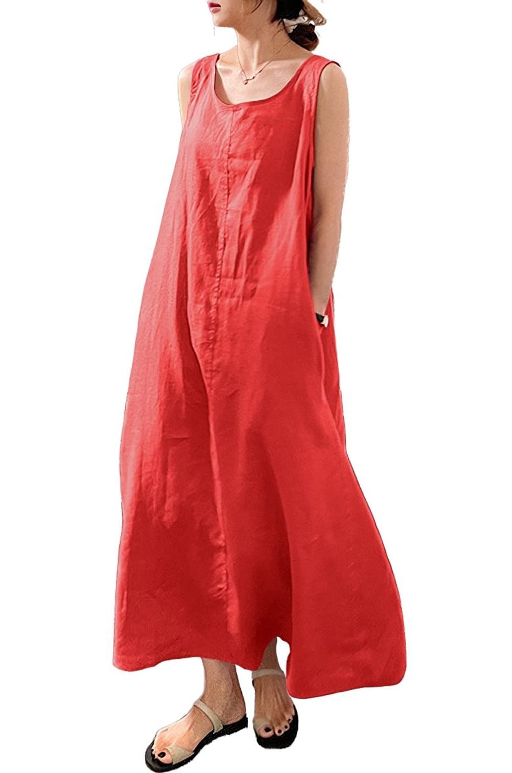 chouyatou Women's Summer Casual Sleeveless Cotton Sun Dress Maxi Tunic Tank Beach Dress with Pocket