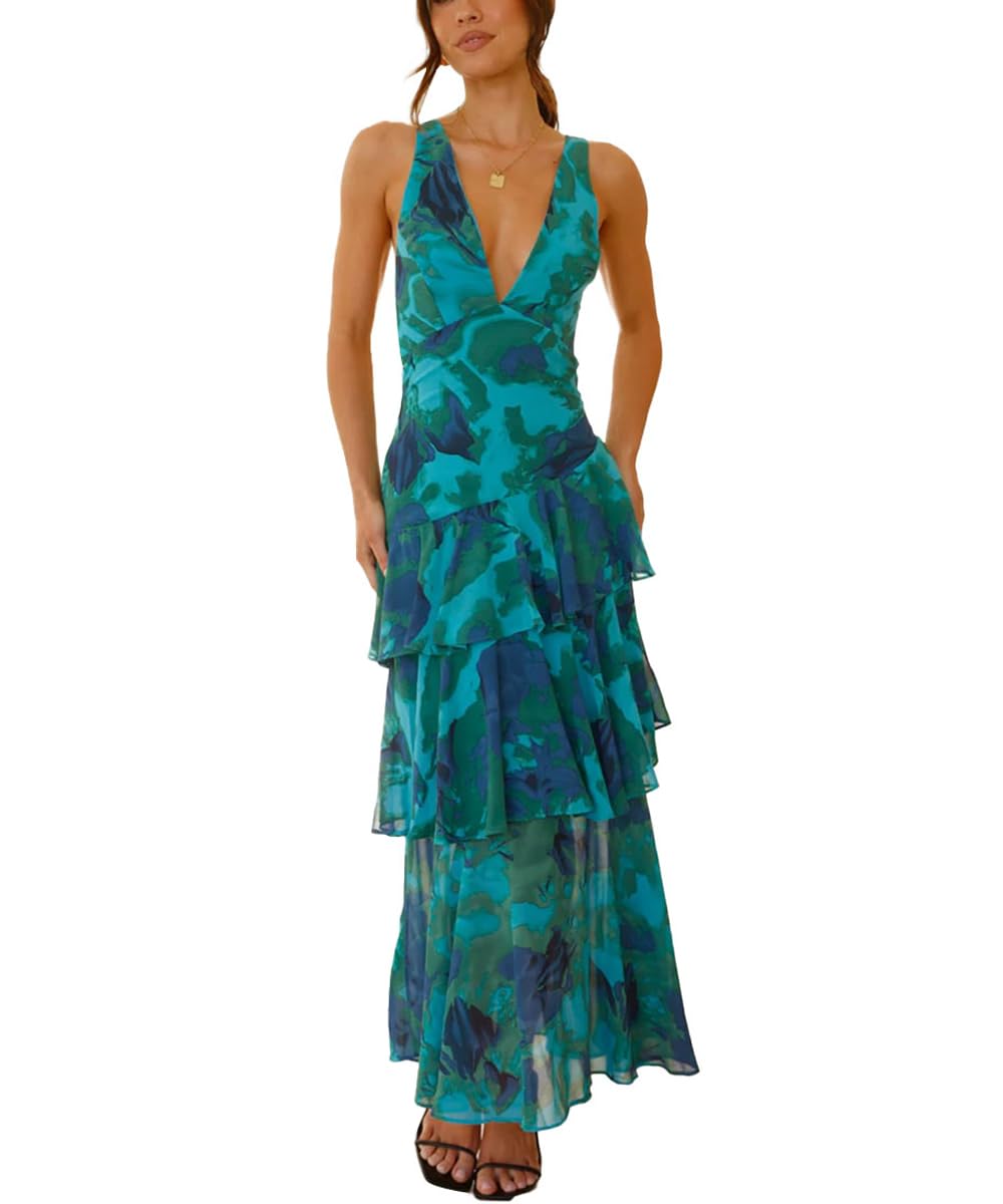 Women's Floral Maxi Dress Sexy Deep V Neck Backless Ruffles Dresses Beach Party Wedding Guest Dress