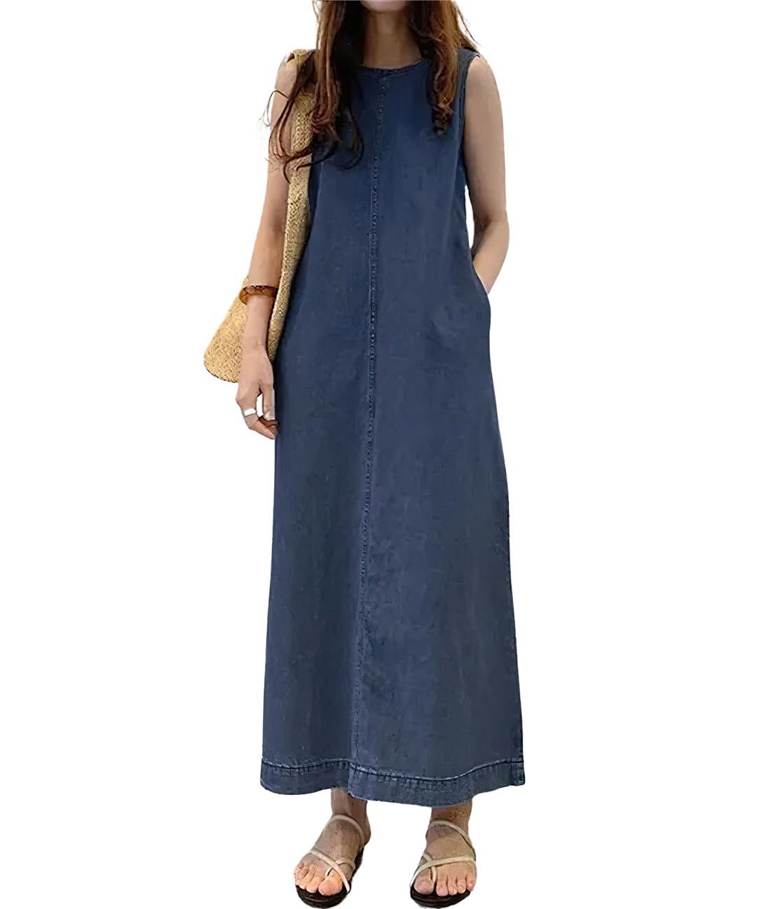 Retro Denim Jumper Dress for Women Sleeveless Crewneck Maxi Long Jean Vest Shift Dress with Pockets