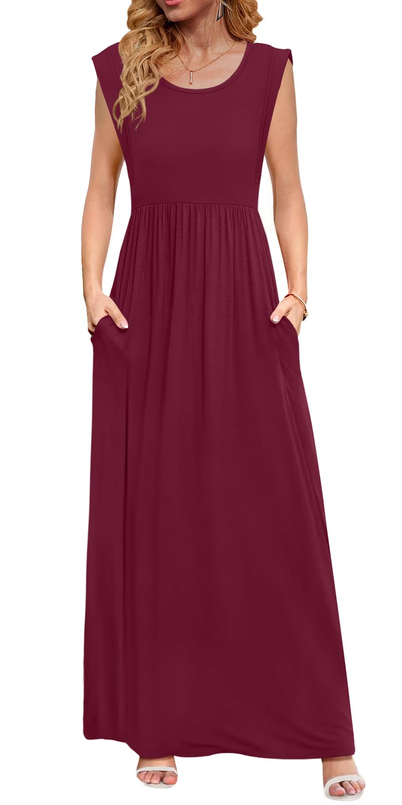 DB MOON Womens 2026 Maxi Dresses Empire Waist Long Summer Dress Casual Cap Short Sleeve Sundress with Pockets