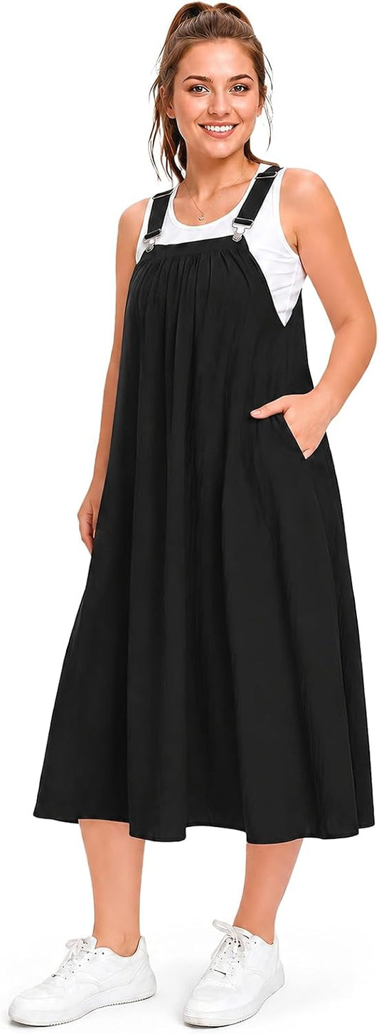 Moon Wood Cotton Overall Dress for Women Jumper Dress with Pockets Summer Casual Midi Dress