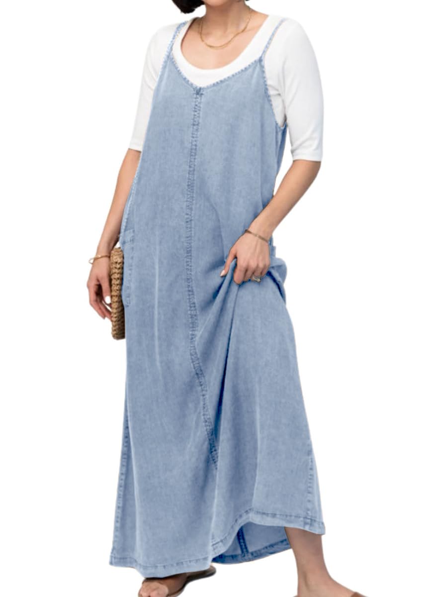 chouyatou Women's Summer Spaghetti Strap Denim Dress A-Line Overall Dress Flowy Swing Maxi Long Jean Dress