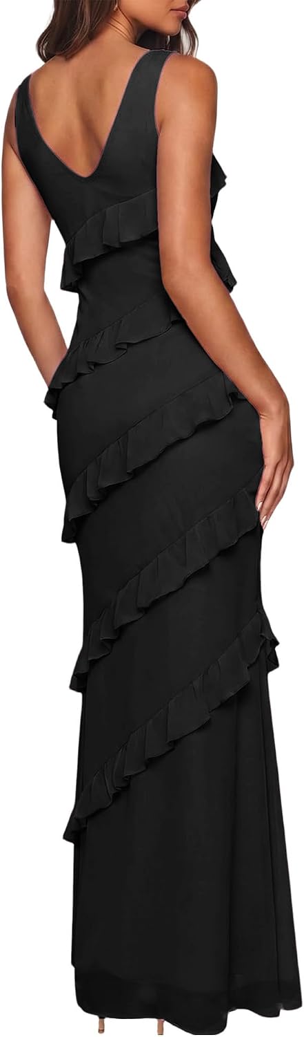 HOCILLE Women's Sexy V Neck Backless Long Cocktail Dress Bodycon Elegant Ruffle Maxi Wedding Guest Party Dresses
