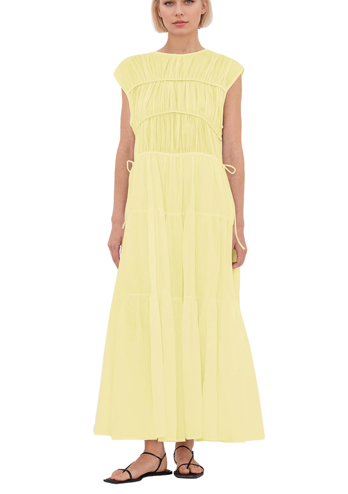 calbatic Women Pleated Ruched Tiered Maxi Dress Sleeveless Patchwork Ruffle Hem A Line Flowy Summer Elegant Long Dress