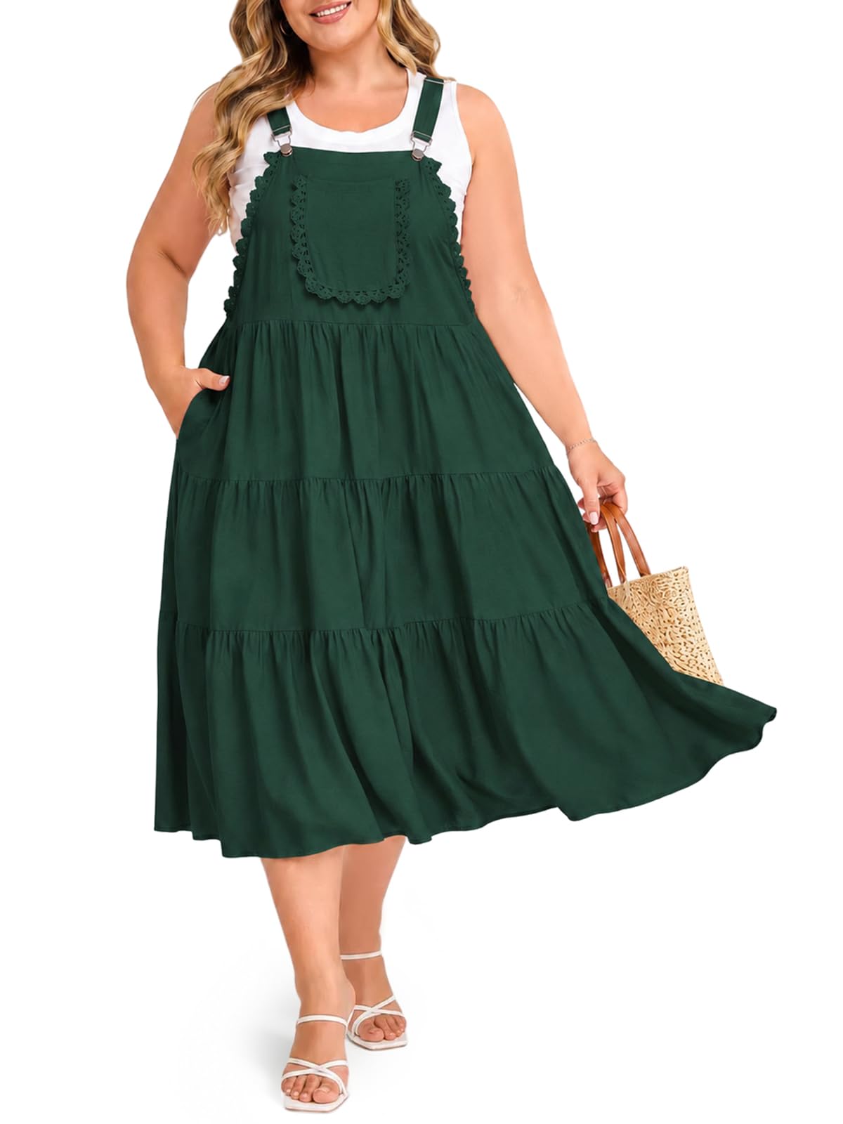Moon Wood Plus Size Overall Dress for Women Casual Bib Jumper Dress Summer Maxi Dress with Pockets Adjustable Straps