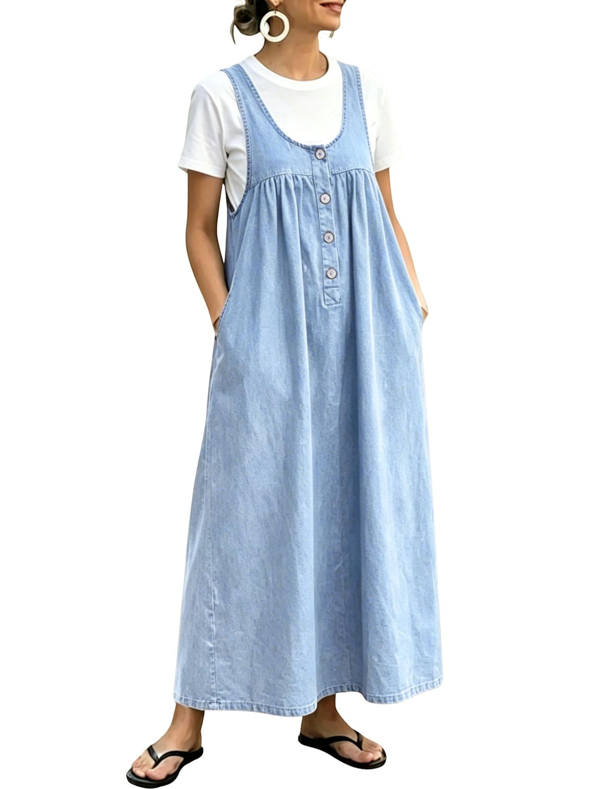 chouyatou Women's Pullover Denim Overall Dress Mid Long Button Front Pinafore Bib Jean Dress With Pockets