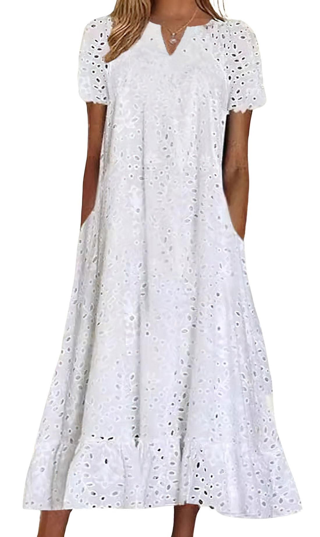 chouyatou Women Summer Ruffle Hem Floral Lace Eyelet Dress Casual Notch Neck Midi Tunic Dress with Pocket