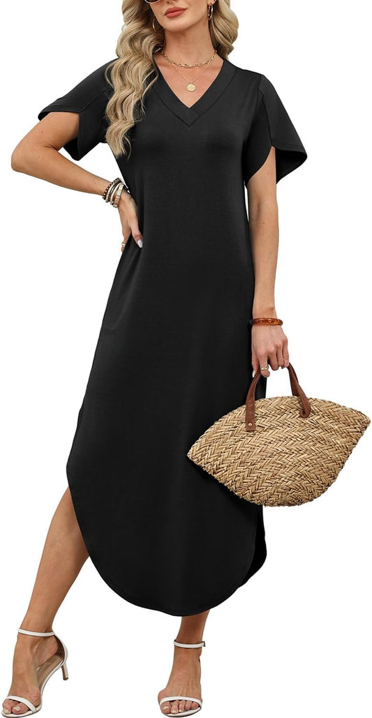WIHOLL Summer Dresses for Women Short Sleeve Maxi Dresses V Neck Sundress with Side Slit Pockets Casual Beach Dress