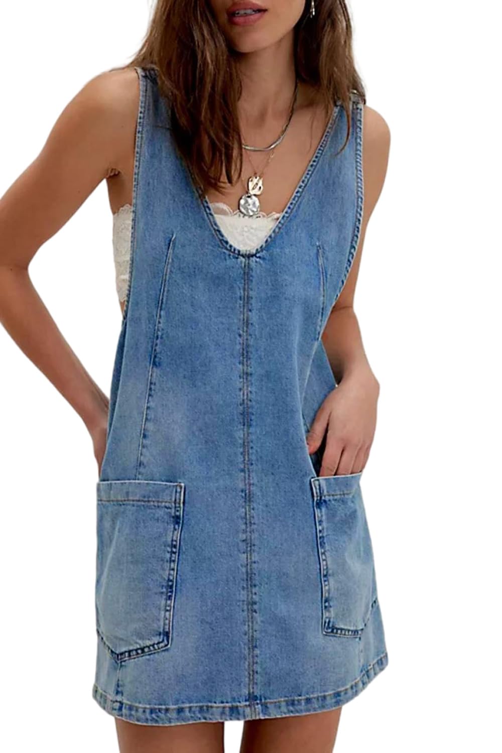 yoeasy Women's V Neck Sleeveless Denim Overall Dress Adjustable Strap Summer Mini Pinafore Jean Dress with Pockets