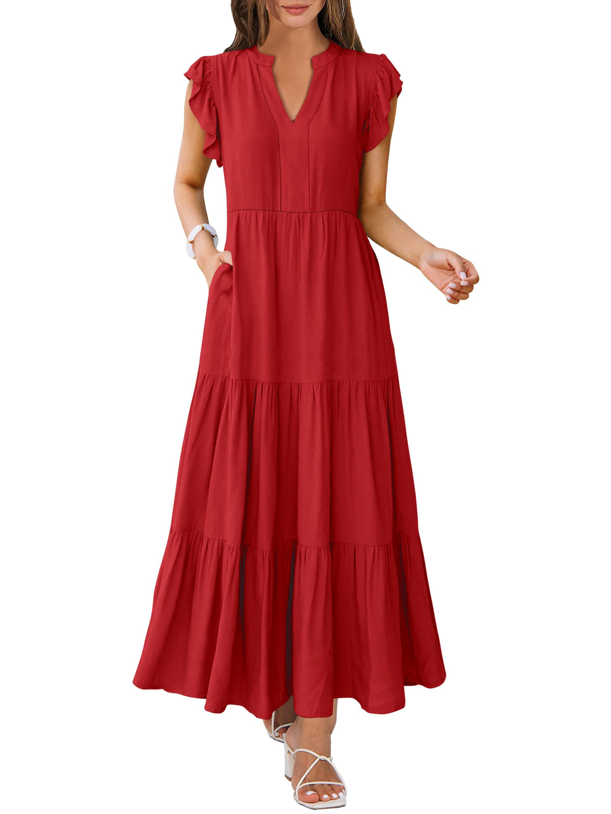 ANRABESS Womens Summer Dress Ruffle Sleeve V Neck Vacation Maxi Dresses