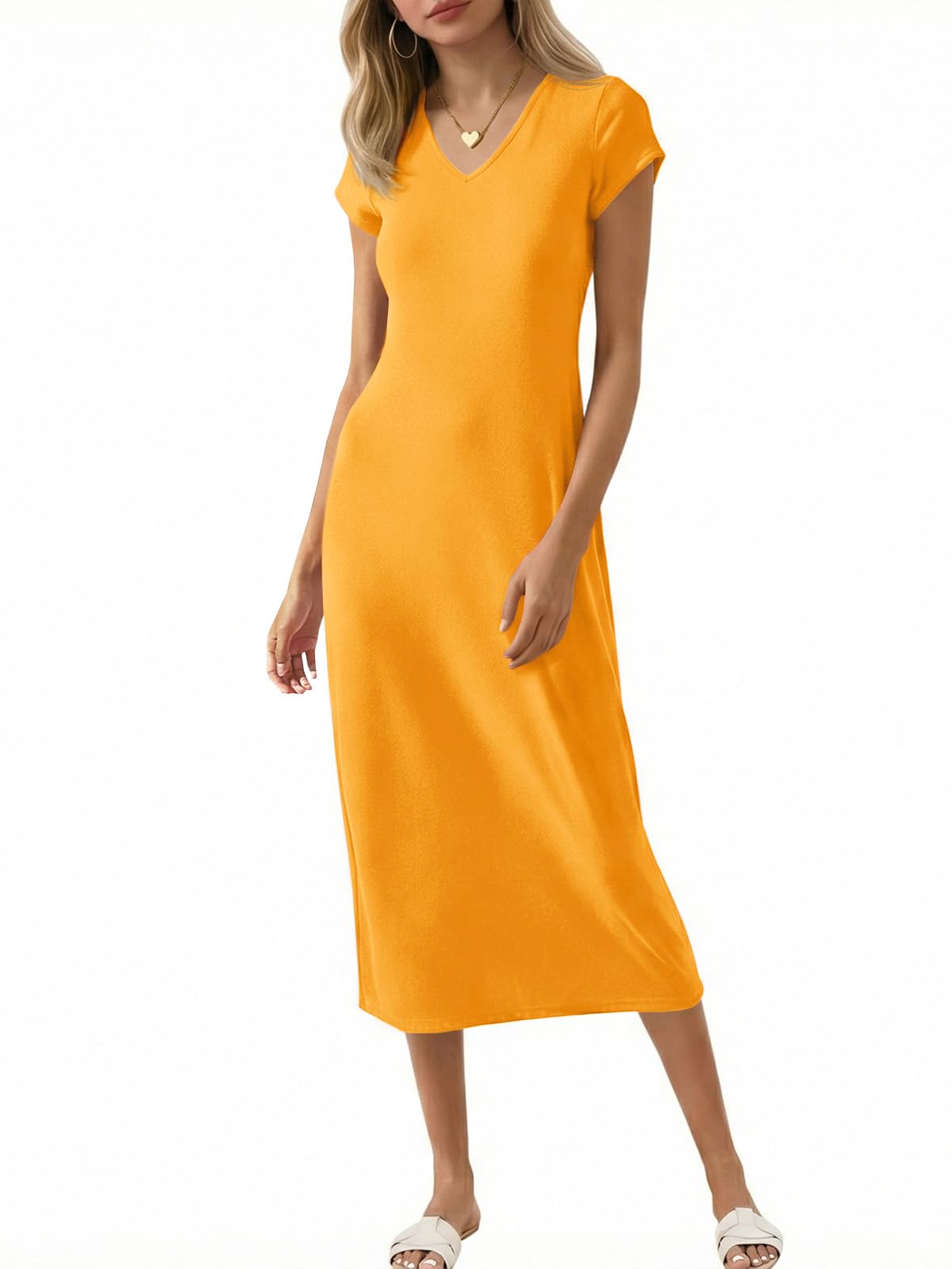 Wenrine Womens Short Sleeve T-Shirt Dress V Neck Summer Casual Midi Dresses