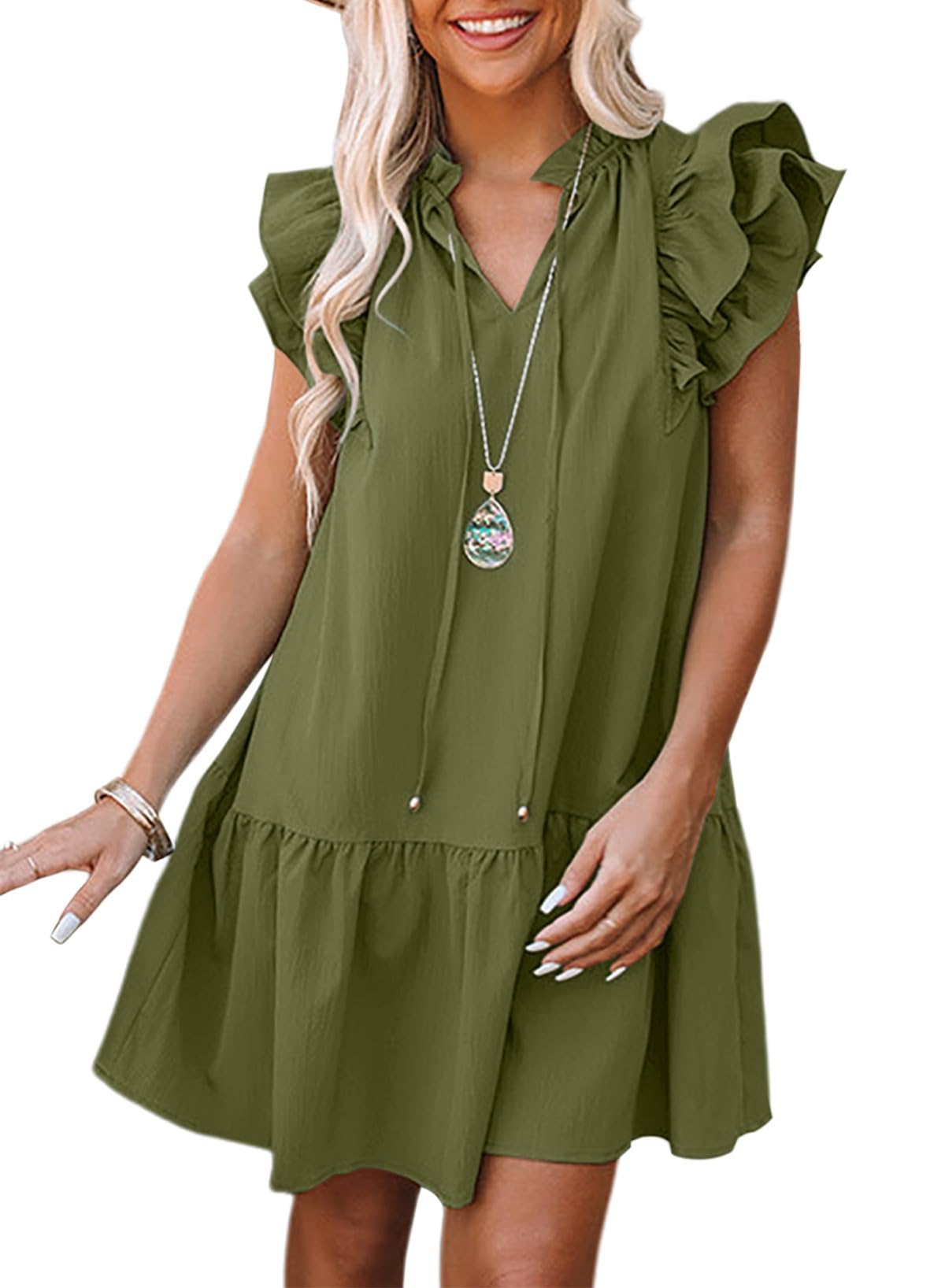 Dokotoo Womens Summer Dresses 2026 V-Neck Drawstring Ruffle Cap Short Sleeve Side Pockets Mini Dress Sundress