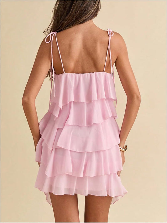 Floerns Women's Ruffle Mini Dress Tie Shoulder Sleeveless Cocktail Sundress