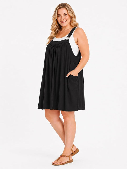 Moon Wood Plus Size Cotton Overall Dress for Women Jumper Dress with Pockets Summer Casual Mini Dress
