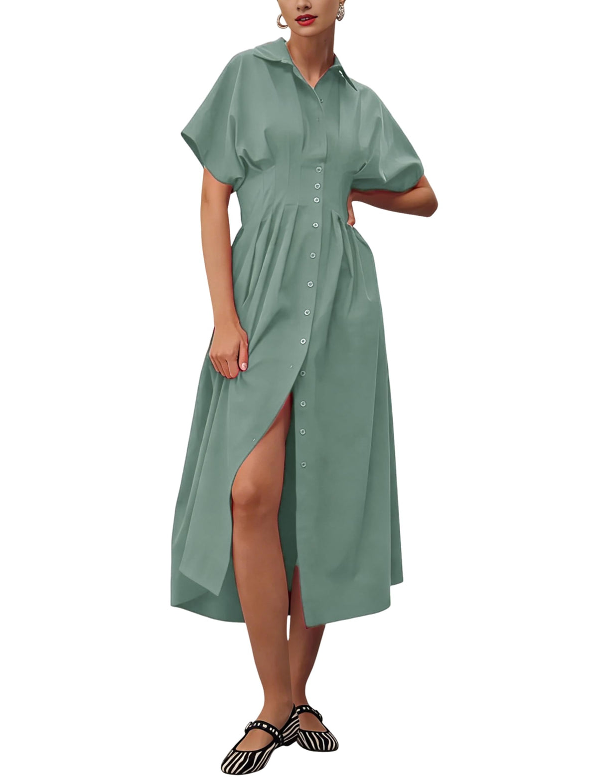 Yeokou Shirt Dress for Women Summer Casual Short Sleeve Button Down Loose Pleated Maxi Sundress with Pockets