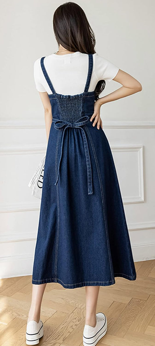 CHARTOU Women's Elegant Straps Back Smocked A-Line Long Skirt Denim Overall Pinafore Dress