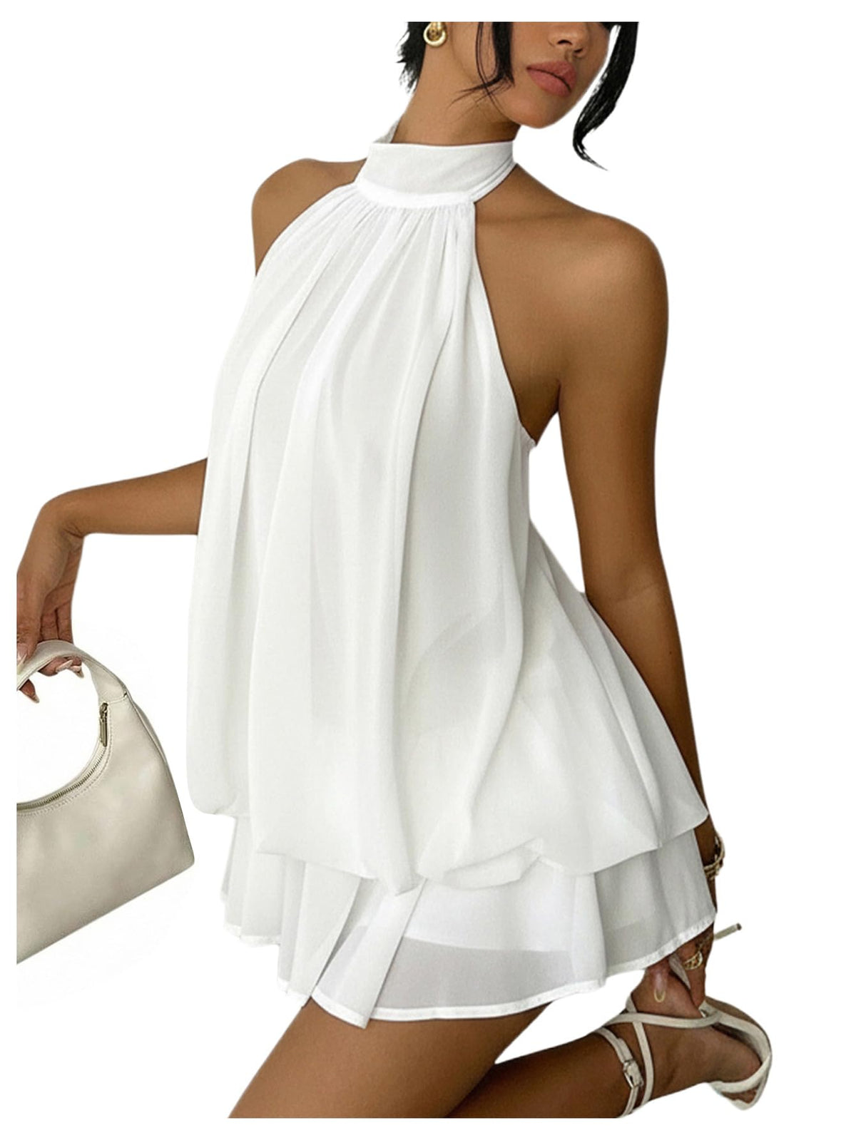 Verdusa Women's Chiffon Halter Drop Waist Flowy Wedding Guest Mini Dresses