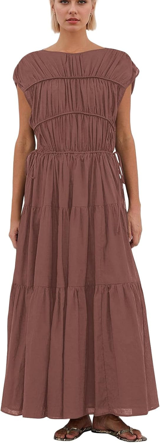 calbatic Women Pleated Ruched Tiered Maxi Dress Sleeveless Patchwork Ruffle Hem A Line Flowy Summer Elegant Long Dress