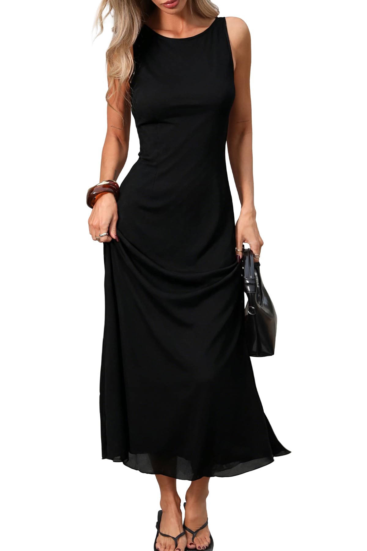 ELLEVEN Women’s Polka Dot Maxi Tank Dress Fitted Elegant Long Dress