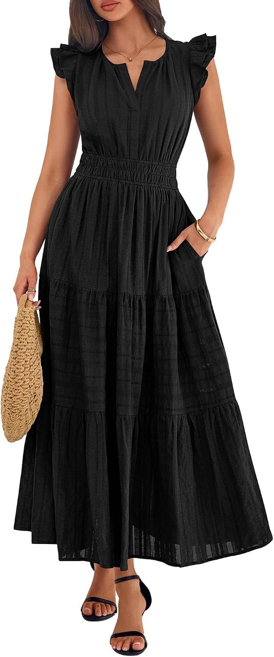 BTFBM Womens Summer Casual Ruffle Sleeve Maxi Dress