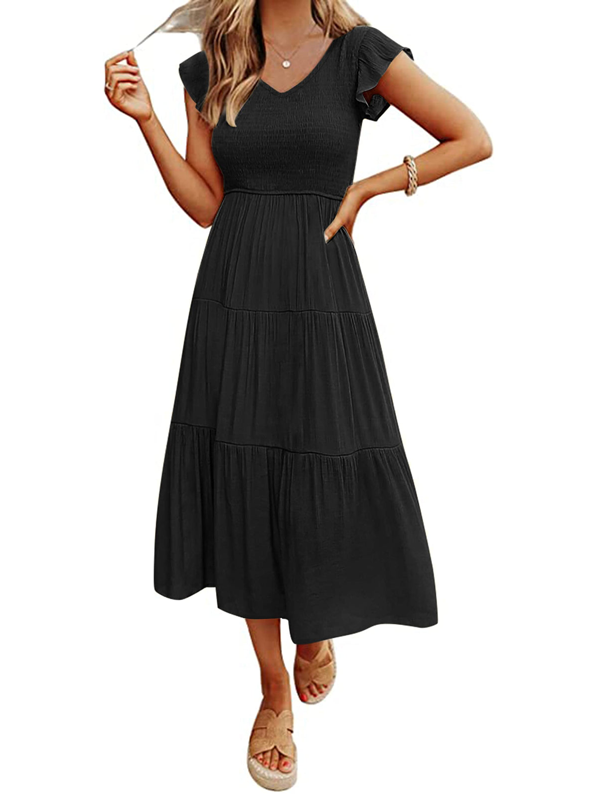 MEROKEETY Women's Summer 2026 Flutter Sleeve Smocked Casual Midi Dress