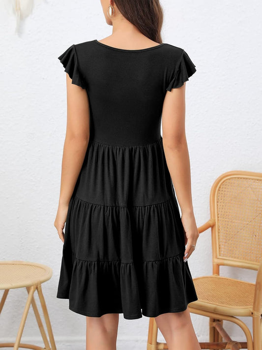 Lamilus Summer Dresses for Women 2026 Ruffle Sleeve V Neck Non-See Through Tiered Babydoll Mini Dress Graduation Beach