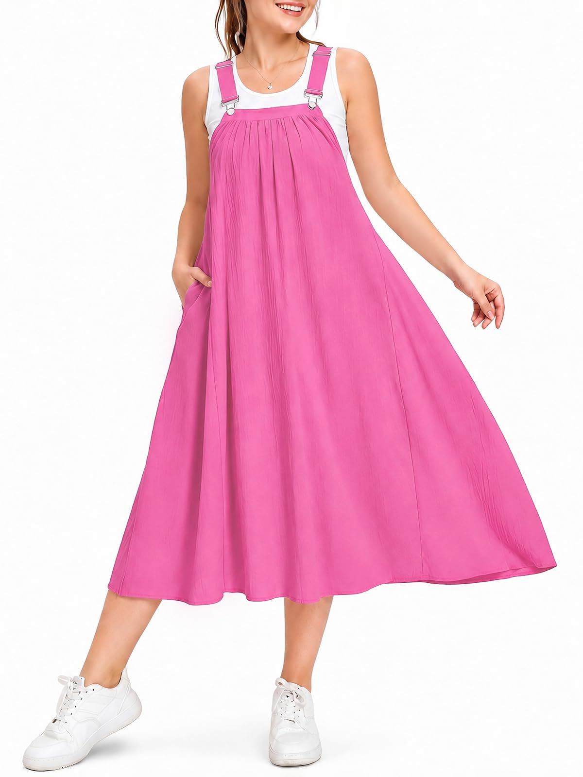Moon Wood Cotton Overall Dress for Women Jumper Dress with Pockets Summer Casual Midi Dress