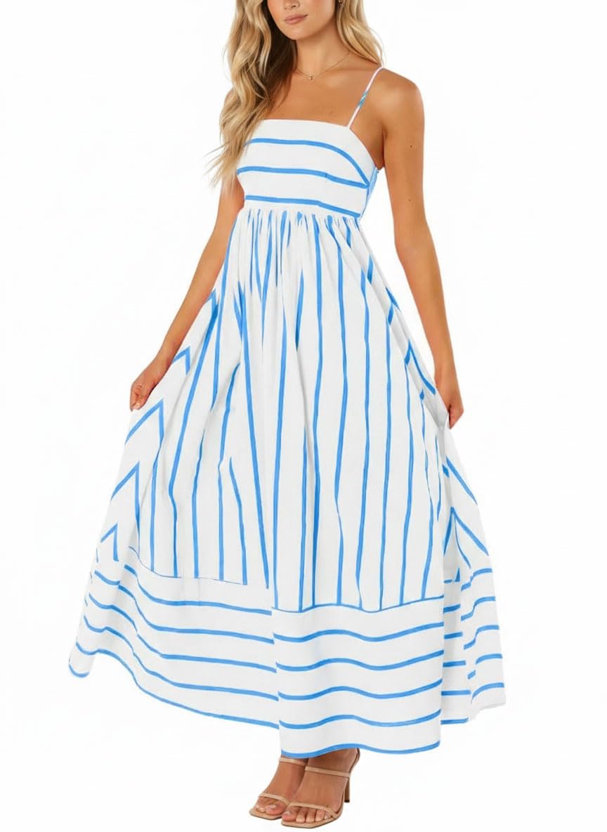 chouyatou Women's Striped Back Smocked Maxi Dress Sexy Spaghetti Strap Cut Out Flowy Swing Long Dress