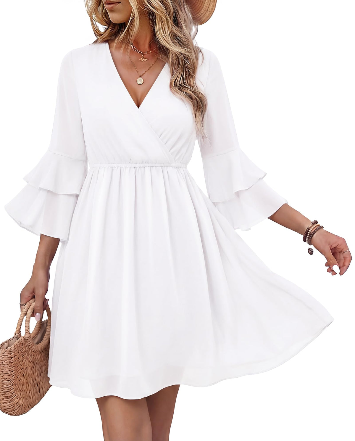 Bebonnie Womens 3/4 Ruffle Sleeve Spring Summer Casual V Neck Flowy Chiffon Layers Dresses