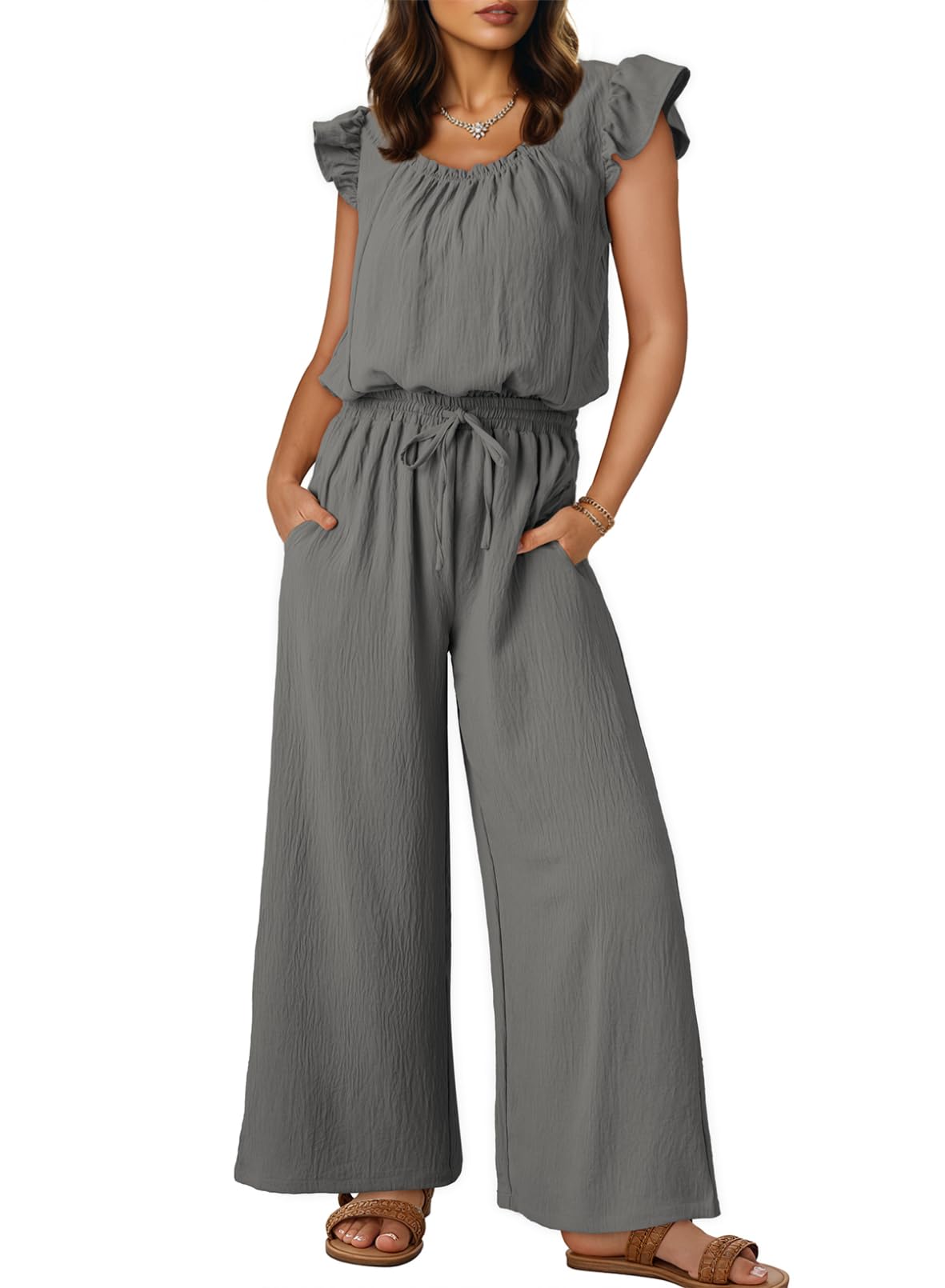 Dokotoo Jumpsuits for Women 2026 Summer Ruffle Sleeves Square Neck Rompers Drawstring Overalls with Pockets