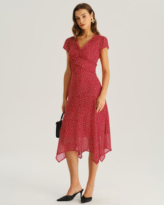 RIHOAS Women's Polka Dot Midi Dress Wrap V-Neck Short Sleeve Summer Dress