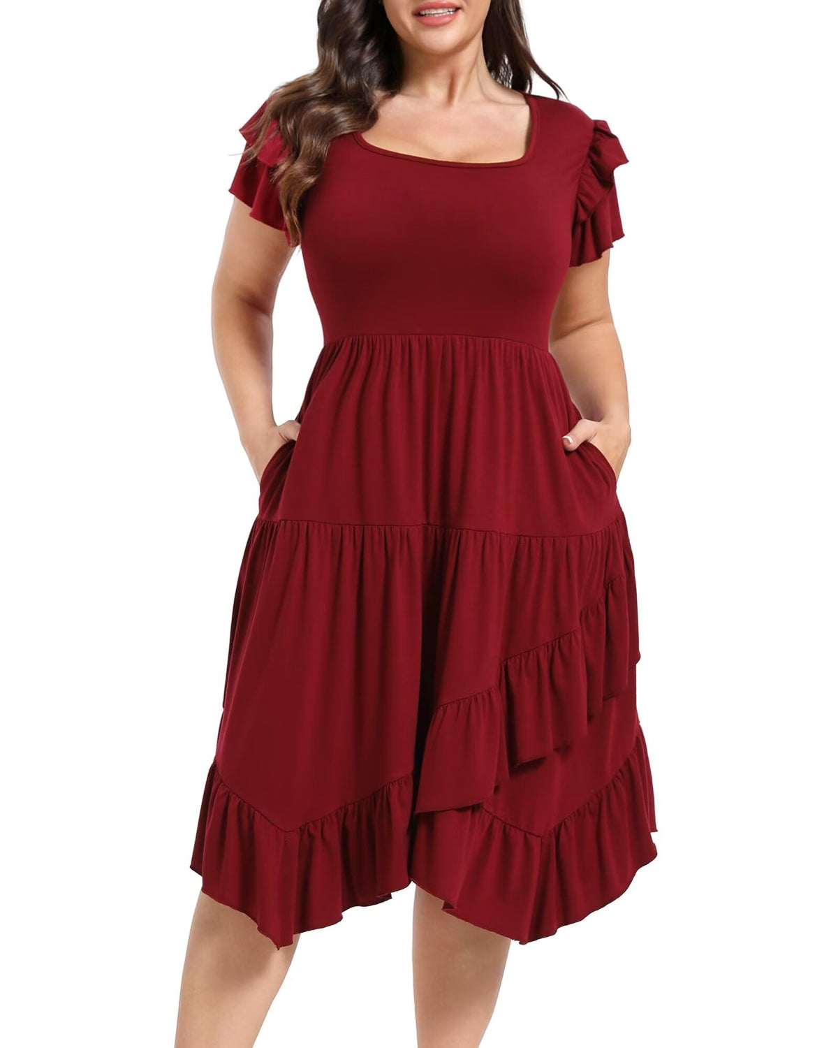 Womens Plus Size Casual Dress Square Neck Double Ruffle Short Sleeves 2 Pockets Ruffled Hem Flowy Dresses
