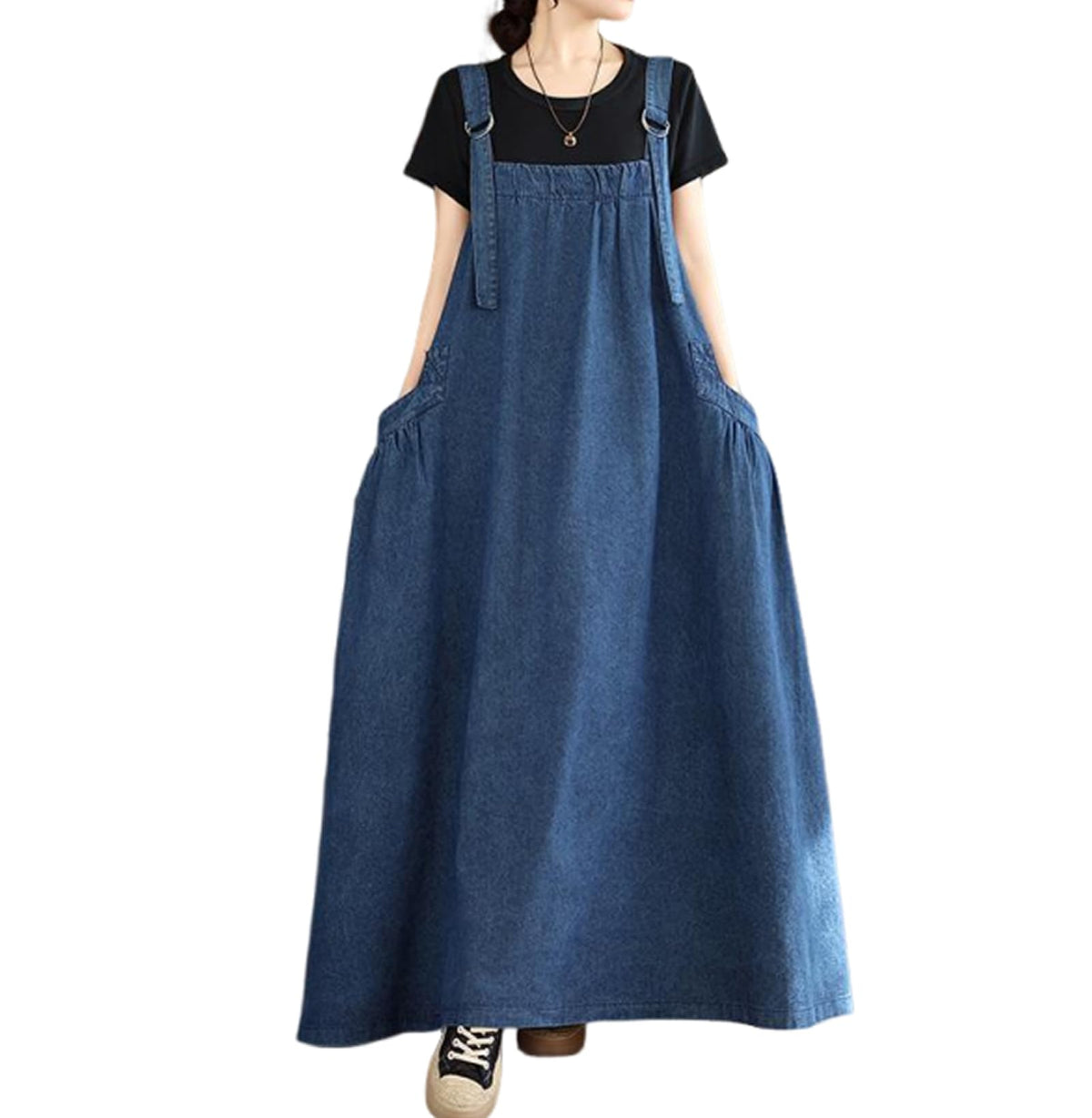 Women's Casual Loose Denim Dress Sleeveless Adjustable Straps Denim Jumper Dress with Pockets