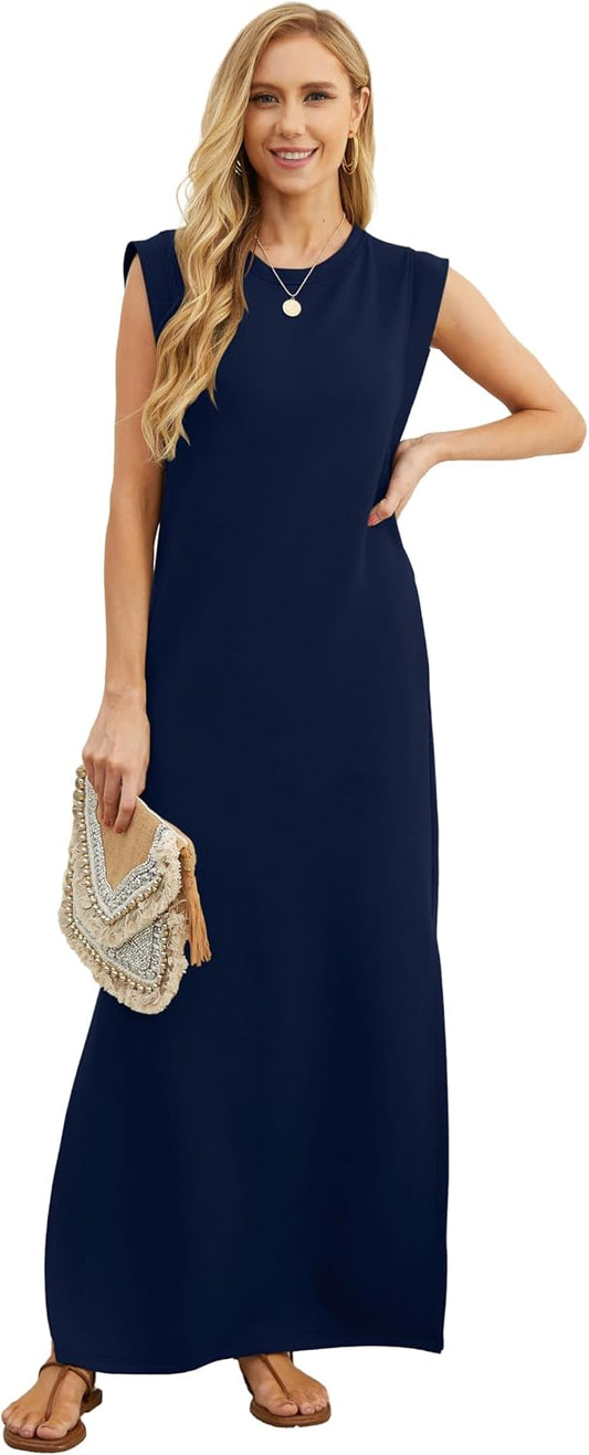 GRECERELLE 2026 Women Year-Round Casual Round Neck Loose Split Wrinkle-Free Long Maxi Vacation Dress with Pockets (XXS-4XL)
