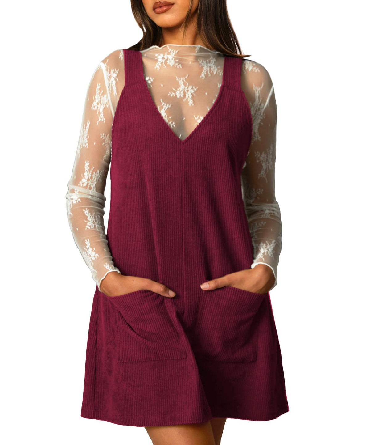 Navneet Women Corduroy Overall Dress V Neck Pinafore Jumper Mini Dress