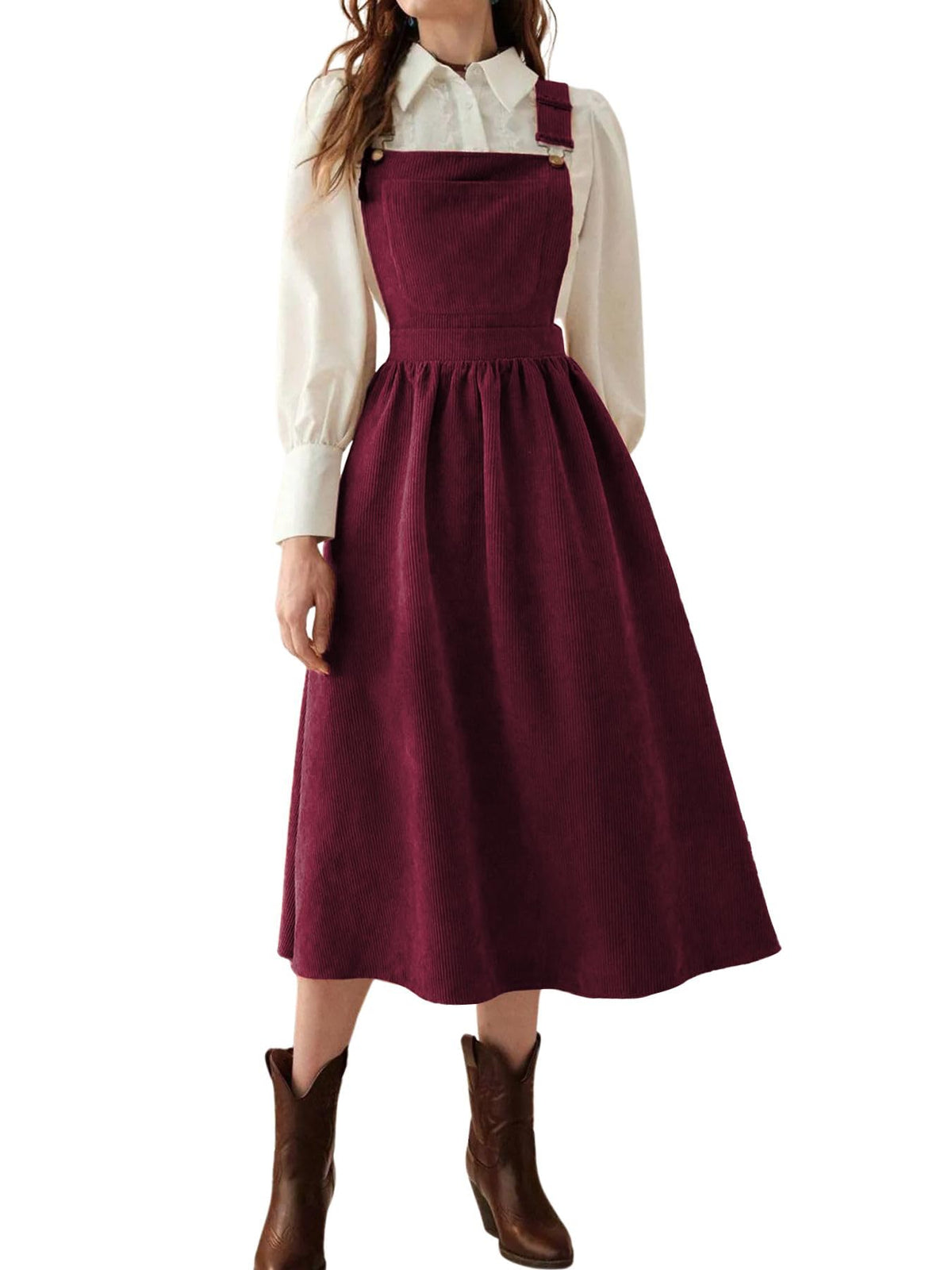 chouyatou Women's Fall Corduroy Overall Dress Adjustable Strap A Line Flare Pinafore Midi Jumper Dress
