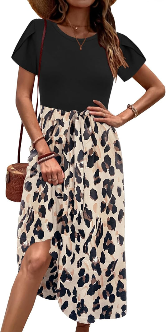Zeagoo Womens Midi Dress Summer Short Sleeve Dress with Pockets 2025 Casual Floral T-Shirt Dress Flowy Beach Sundress