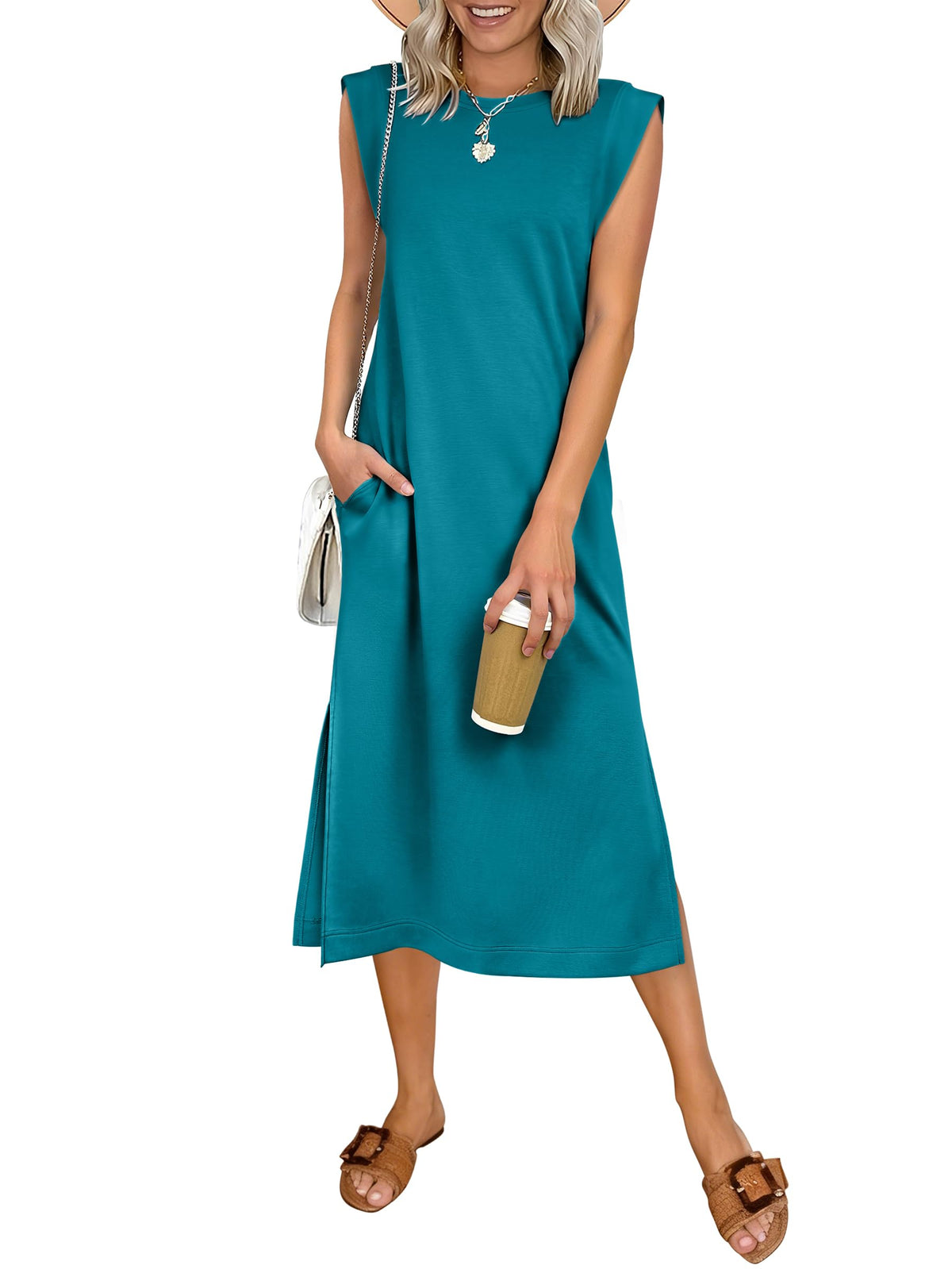 ANRABESS Womens Summer Casual Midi Dress Sleeveless Crewneck Loose Split Wrinkle-Free Beach Travel Vacation Long Sundress