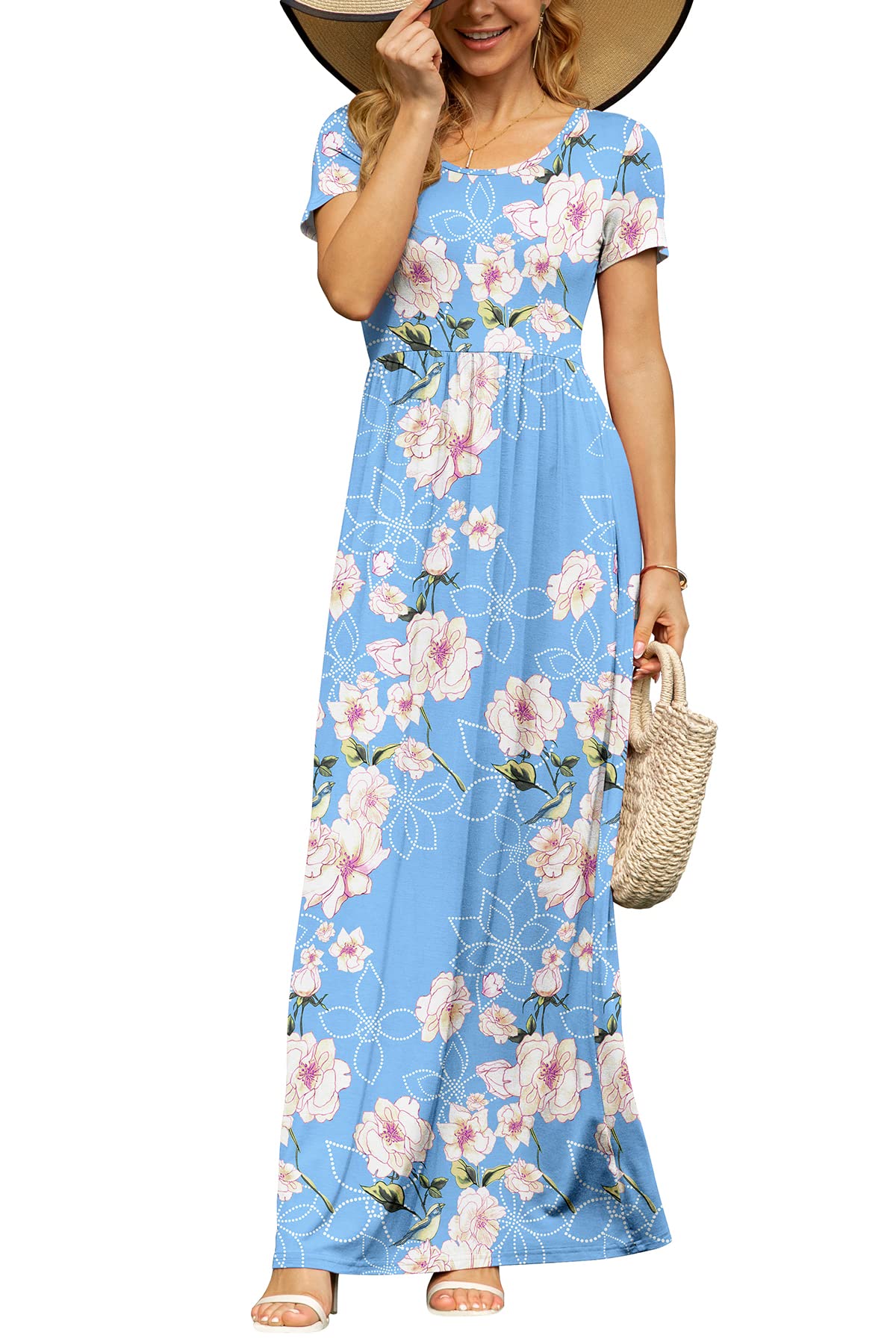 DB MOON Women's Summer Maxi Dress Casual Short Sleeve Empire Waist Pockets