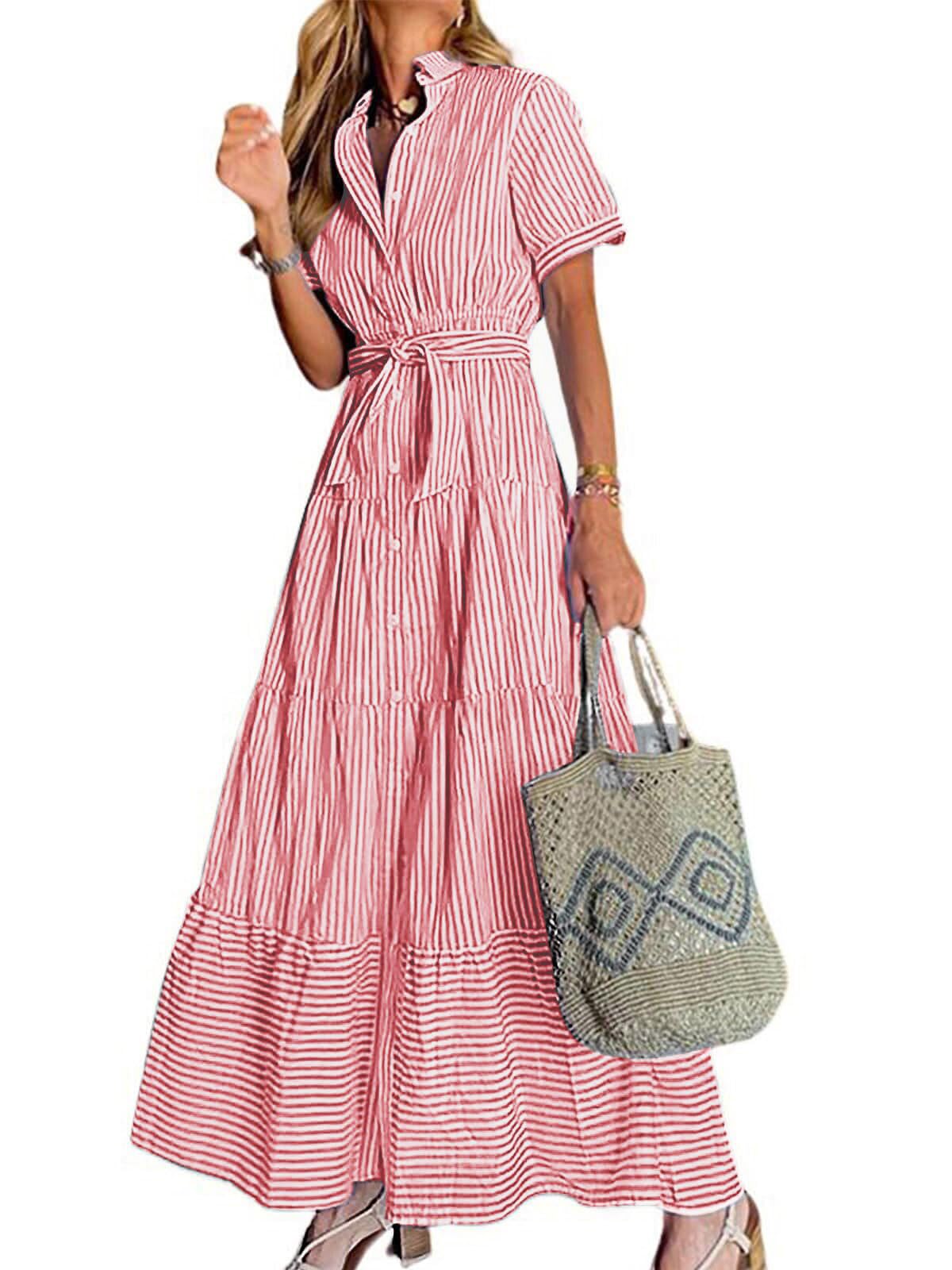 utcoco Womens Casual Short Sleeve Button Down Tie Waist Ruffled Striped Maxi Shirt Dress
