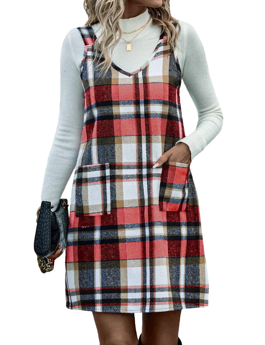 IDEALSANXUN Plaid Overall Dress for Women Fall Winter Sleeveless Plaid Dresses with Pockets