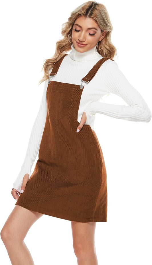 Tanming Women's Corduroy A Line Cute Jumper Pinafore Bib Overall Mini Dress Skirt