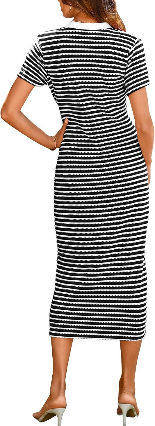 BTFBM Women Casual Summer Dresses Short Sleeve Striped Midi Dresses