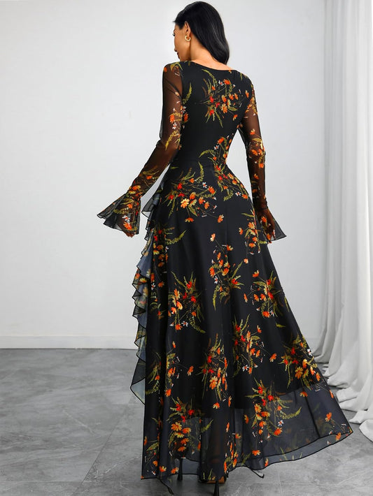 GothDark Women's Floral Dress Long Sleeve Square Neck Ruffle Party Outfit