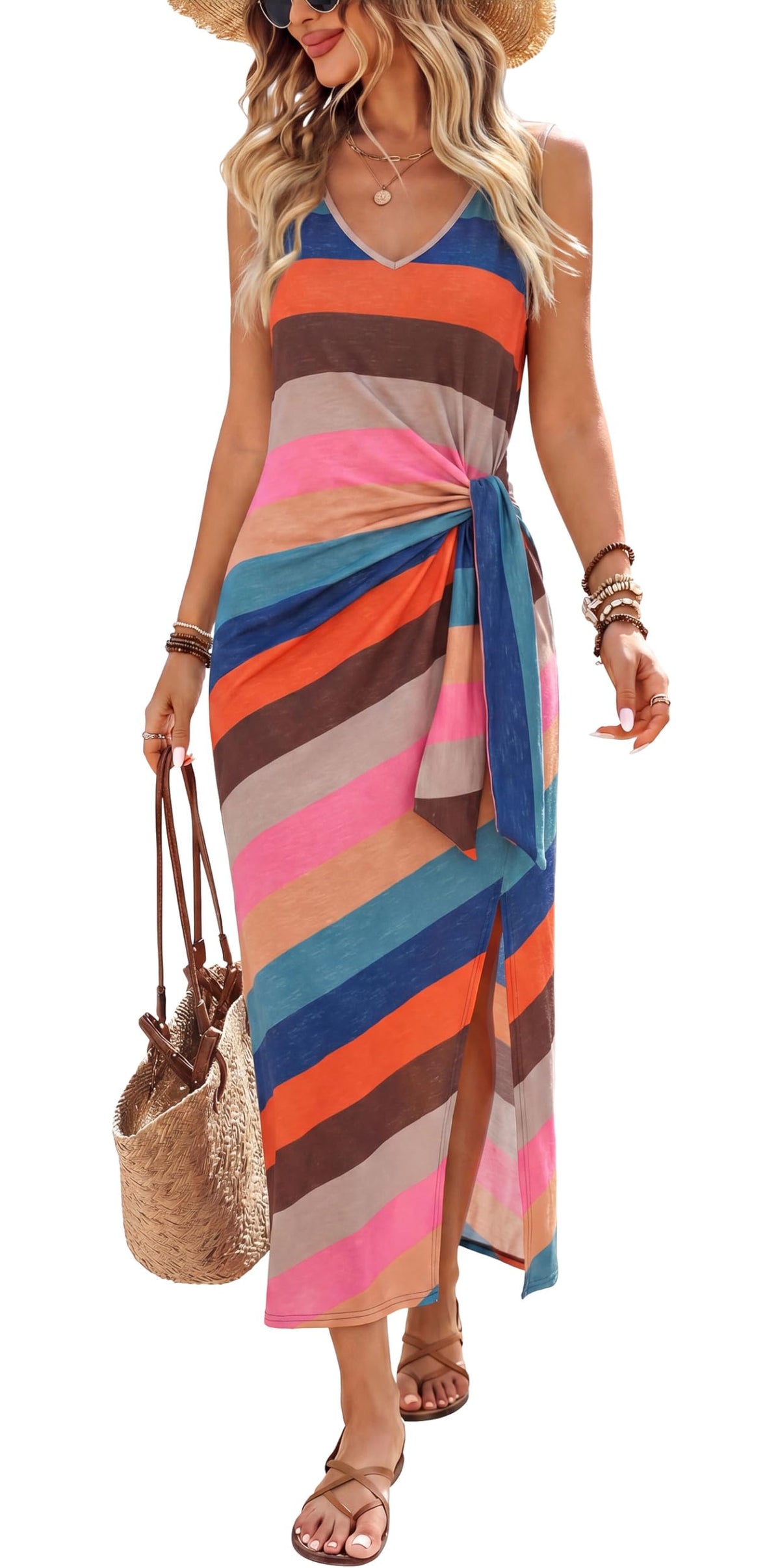 OFEEFAN Summer Dresses for Women 2026 V Neck Sleeveless Casual Dress Elegant Work Long Midi Dresses for Women Tie Waist