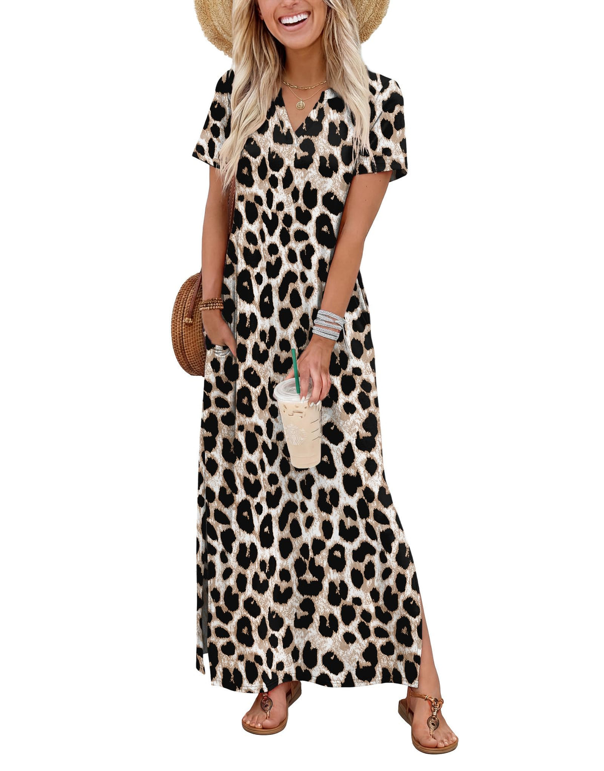 OFEEFAN Summer Dresses for Women 2026 Maxi Dress Short Sleeve Sundresses with Pockets Beach Vacation Spring Outfits