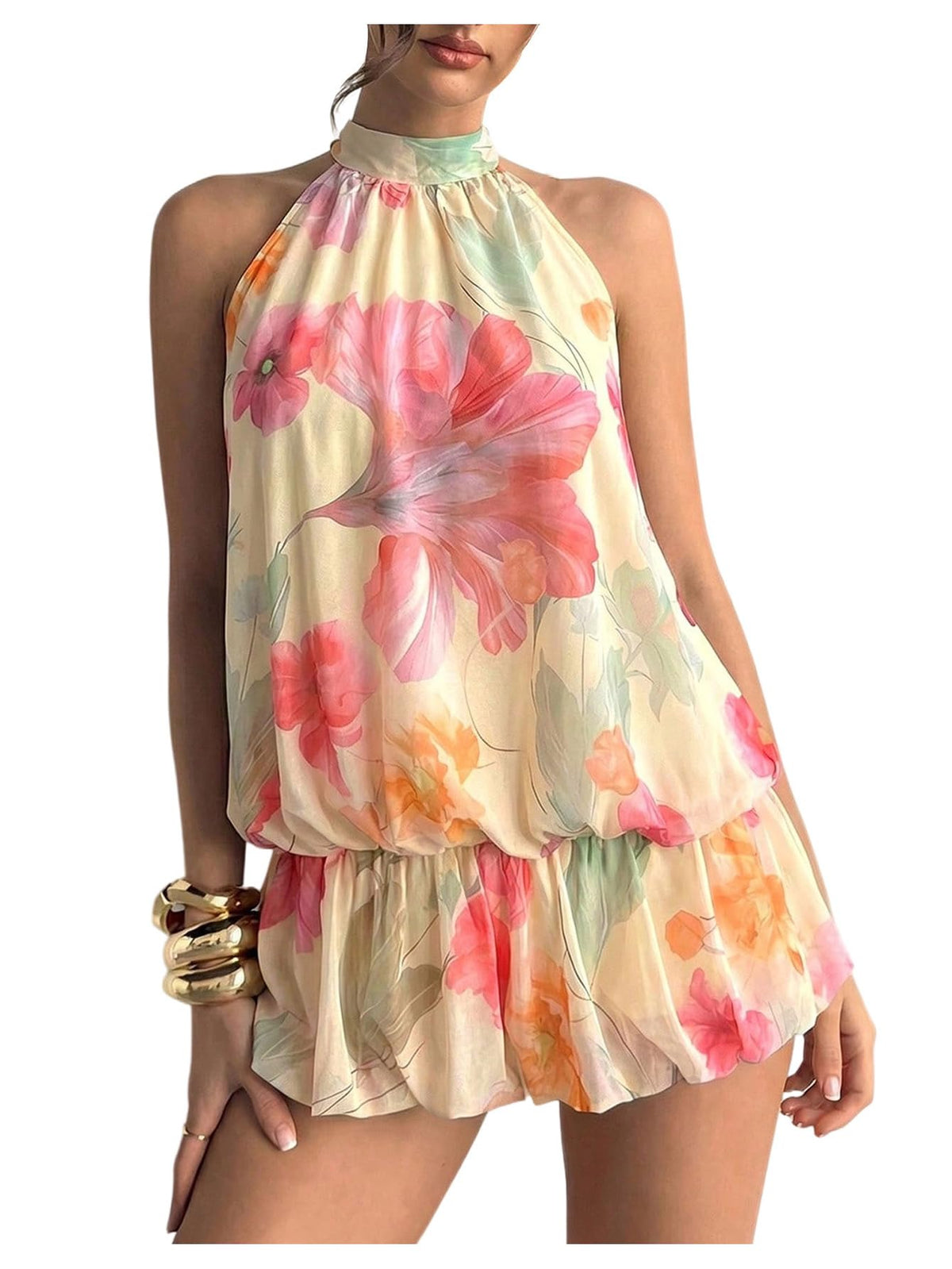 Floerns Women Backless Sleeveless Ruffle Bubble Hem Mesh Halter Mini Dress